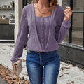 Ribbed Knit Sweater Layered Button Placket - Purple