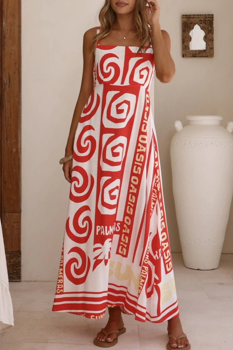 Retro Swirl Print Strappy A-Line Maxi Dress - Multi
