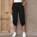 Stretch Knit Ruched Button Hem Relaxed Capri Pants - Black