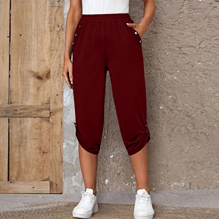 Stretch Knit Ruched Button Hem Relaxed Capri Pants - Burgundy