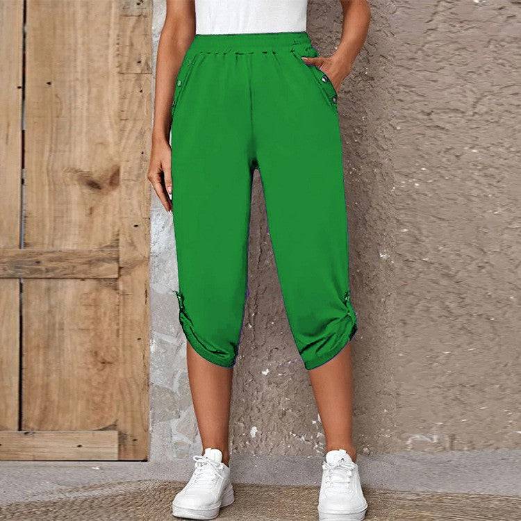 Stretch Knit Ruched Button Hem Relaxed Capri Pants - Kelly Green