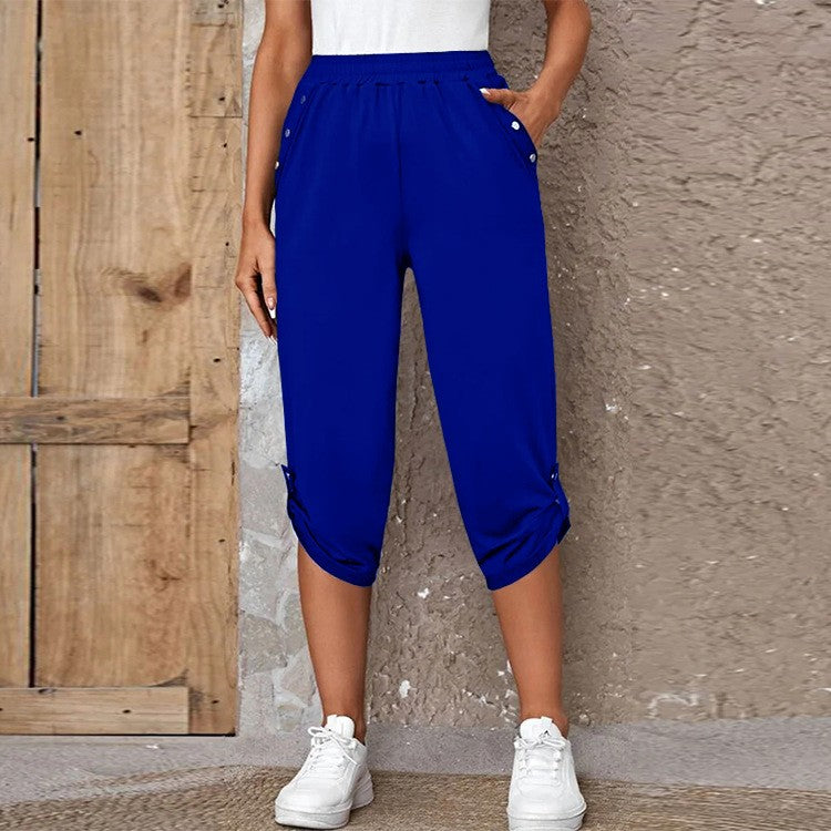 Stretch Knit Ruched Button Hem Relaxed Capri Pants - Royal Blue