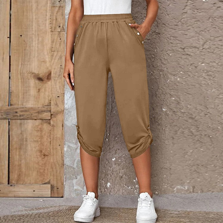 Stretch Knit Ruched Button Hem Relaxed Capri Pants