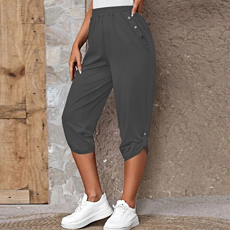 Stretch Knit Ruched Button Hem Relaxed Capri Pants