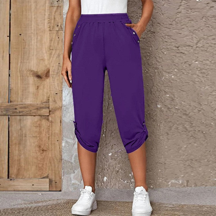Stretch Knit Ruched Button Hem Relaxed Capri Pants