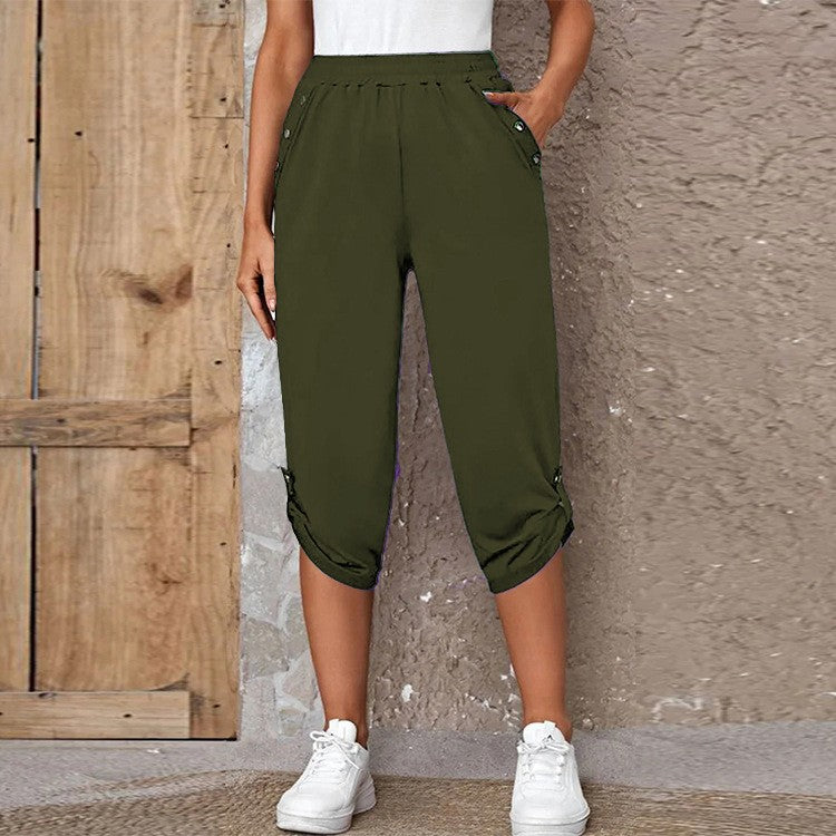 Stretch Knit Ruched Button Hem Relaxed Capri Pants