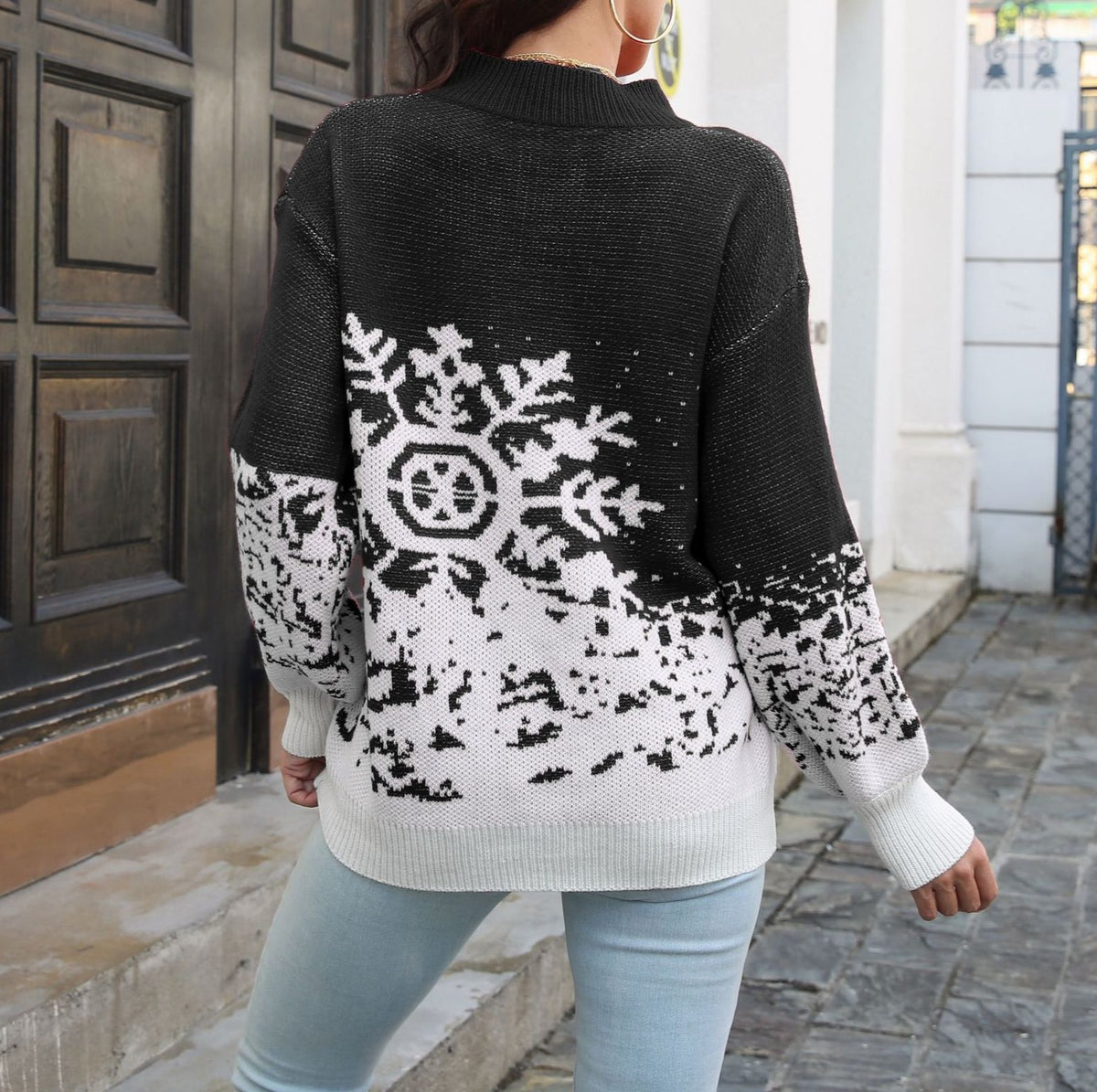 Oversized Snowflake Color Block Knit Sweater - Black - 3