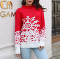 Oversized Snowflake Color Block Knit Sweater - Red