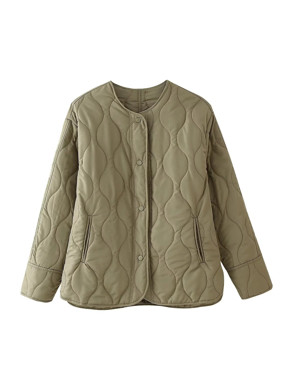 Wave Quilted Collarless Liner Jacket - Green