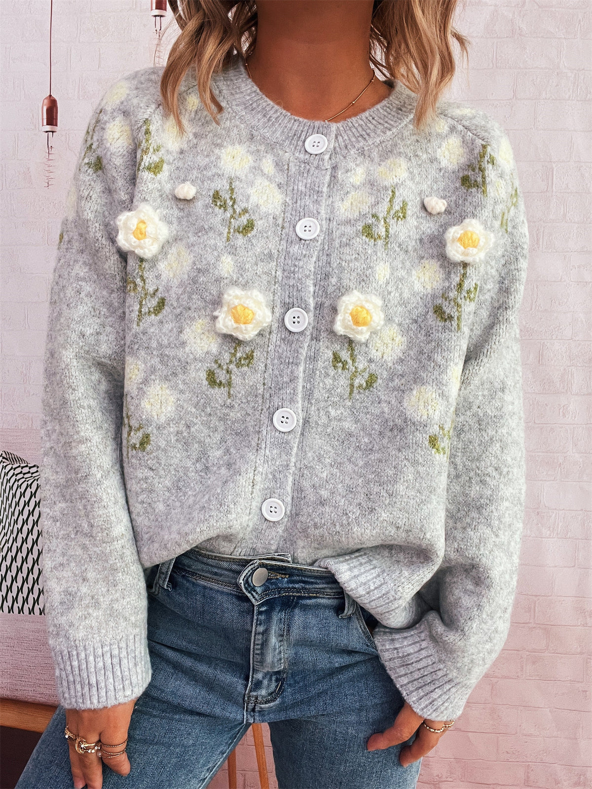 Rosette Embellished Button Front Knit Cardigan - Gray