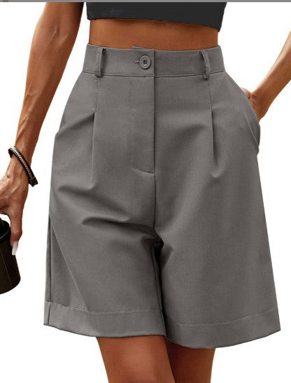 Pleated High Waist Bermuda Shorts - Grey