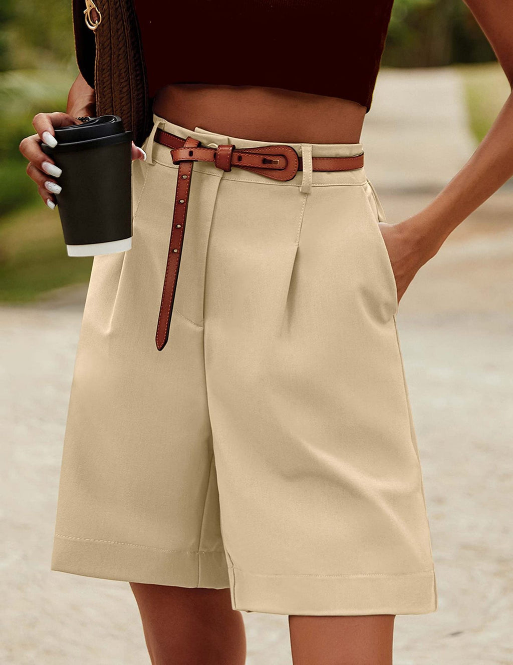 Pleated High Waist Bermuda Shorts - Khaki