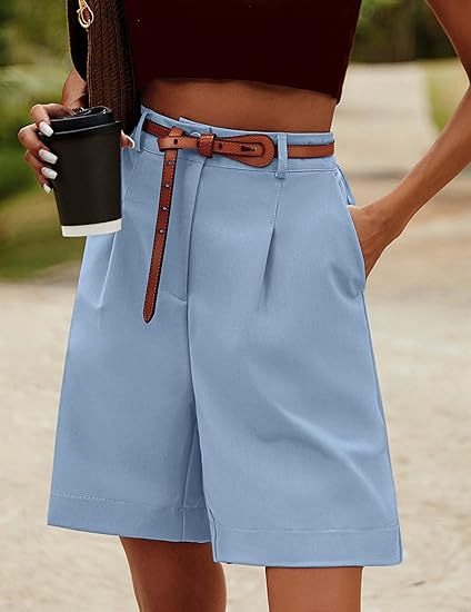 Pleated High Waist Bermuda Shorts - blue