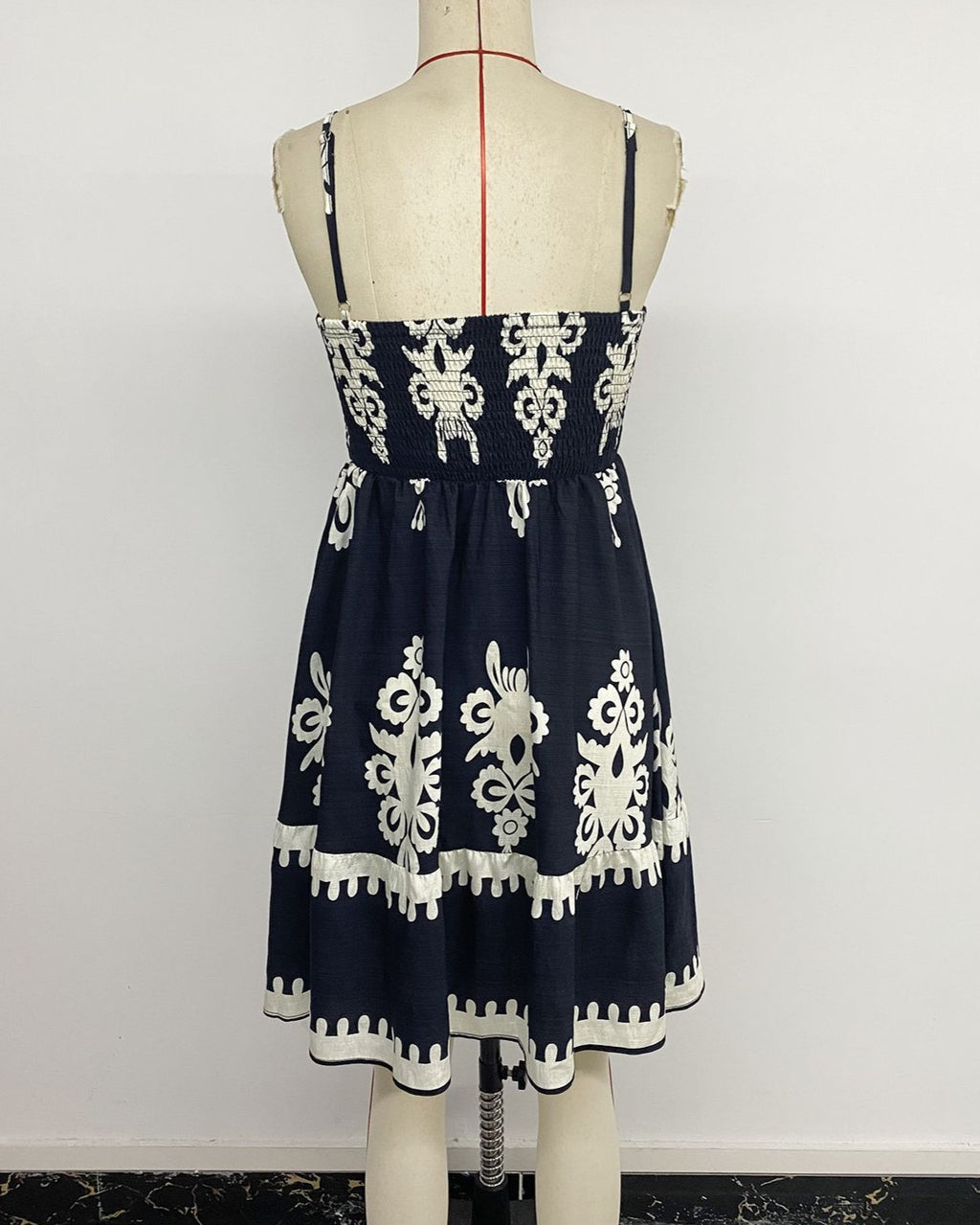 Scalloped Embroidery Smocked Cami Mini Dress - Navy - 4