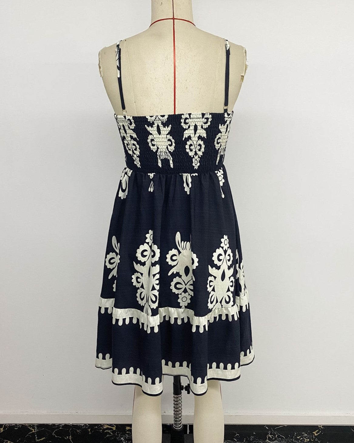 Scalloped Embroidery Smocked Cami Mini Dress - Navy - 4