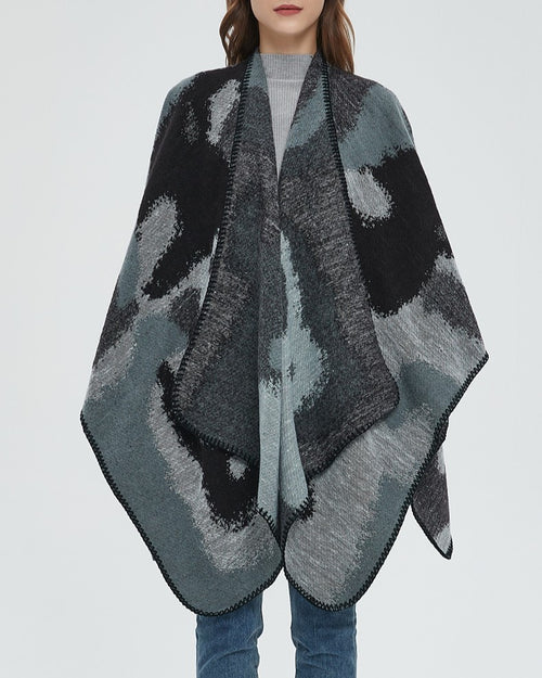 Abstract Camo Reversible Blanket Wrap Poncho - Black