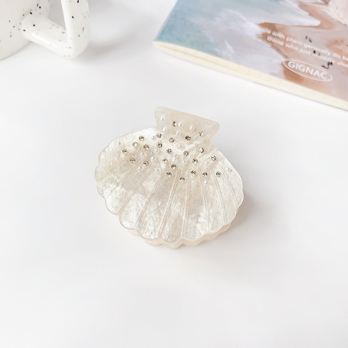 Rhinestone Seashell Mini Hair Claw Clip - Beige