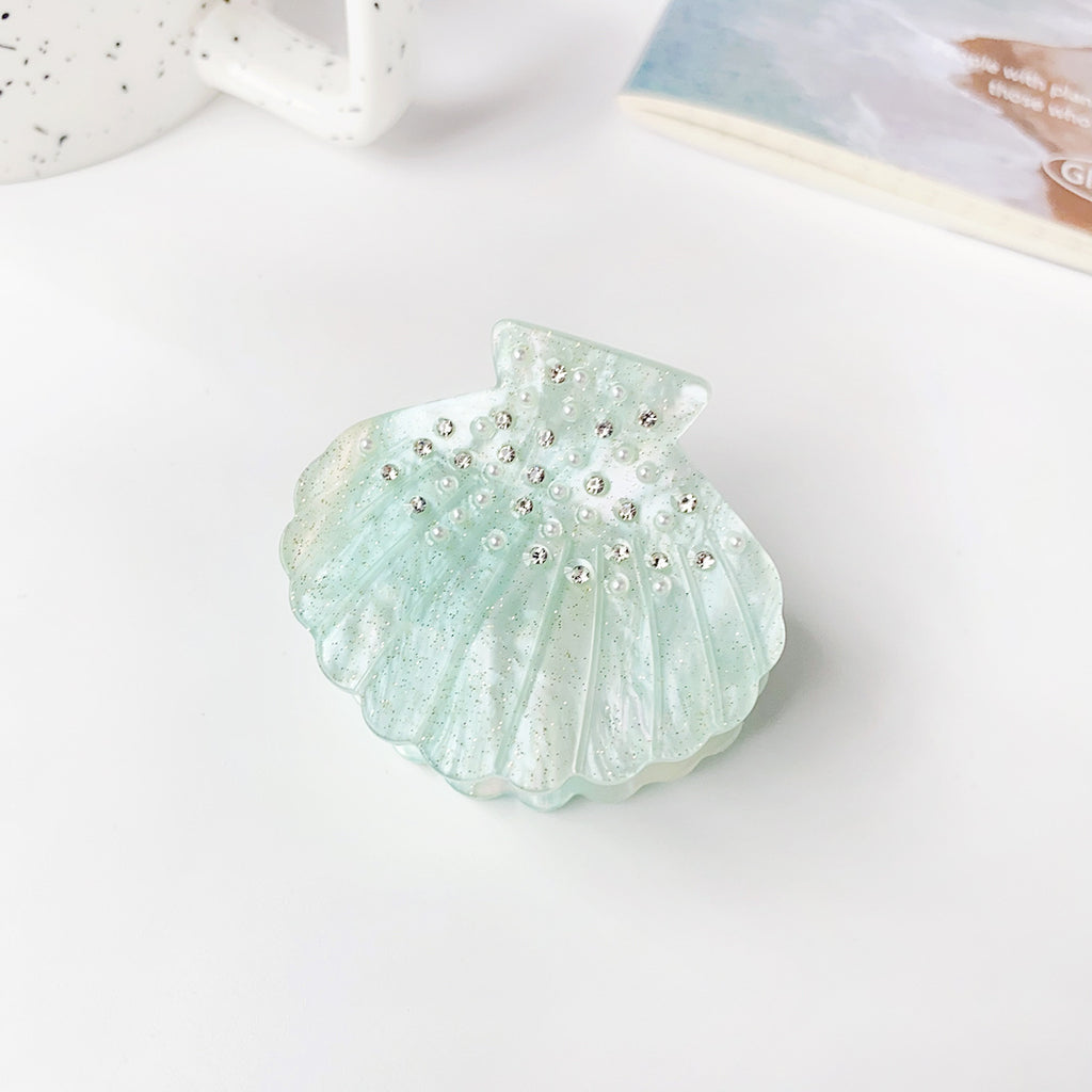 Rhinestone Seashell Mini Hair Claw Clip - Green