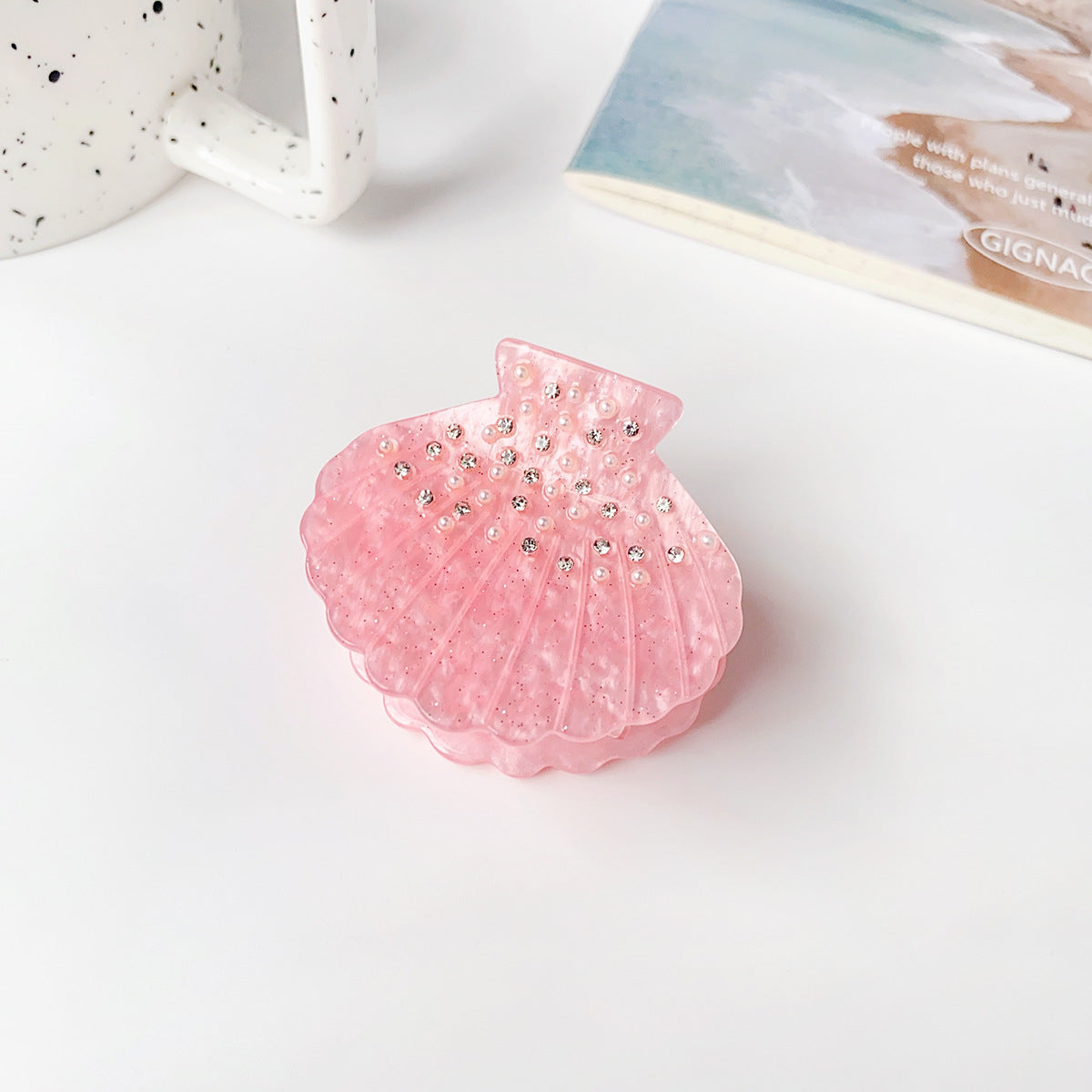 Rhinestone Seashell Mini Hair Claw Clip - Pink_1