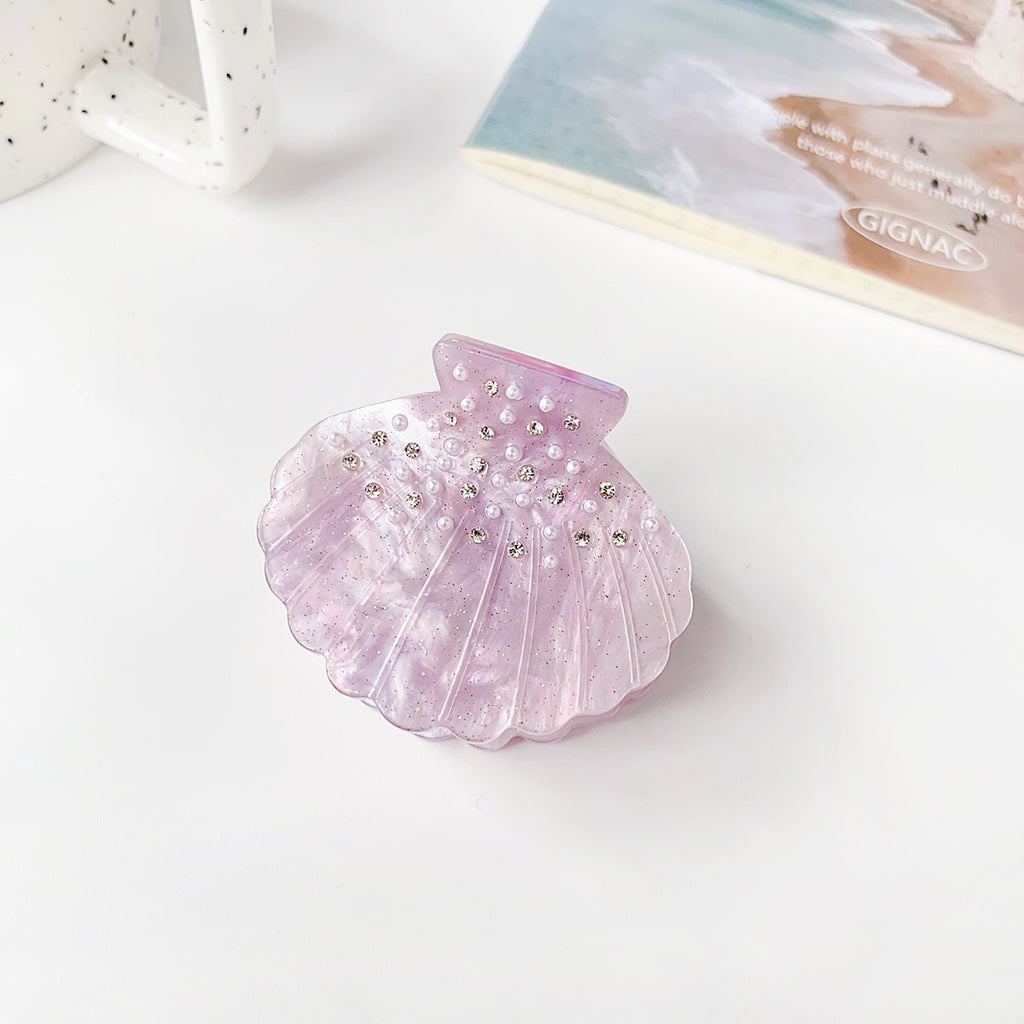 Rhinestone Seashell Mini Hair Claw Clip - Purple