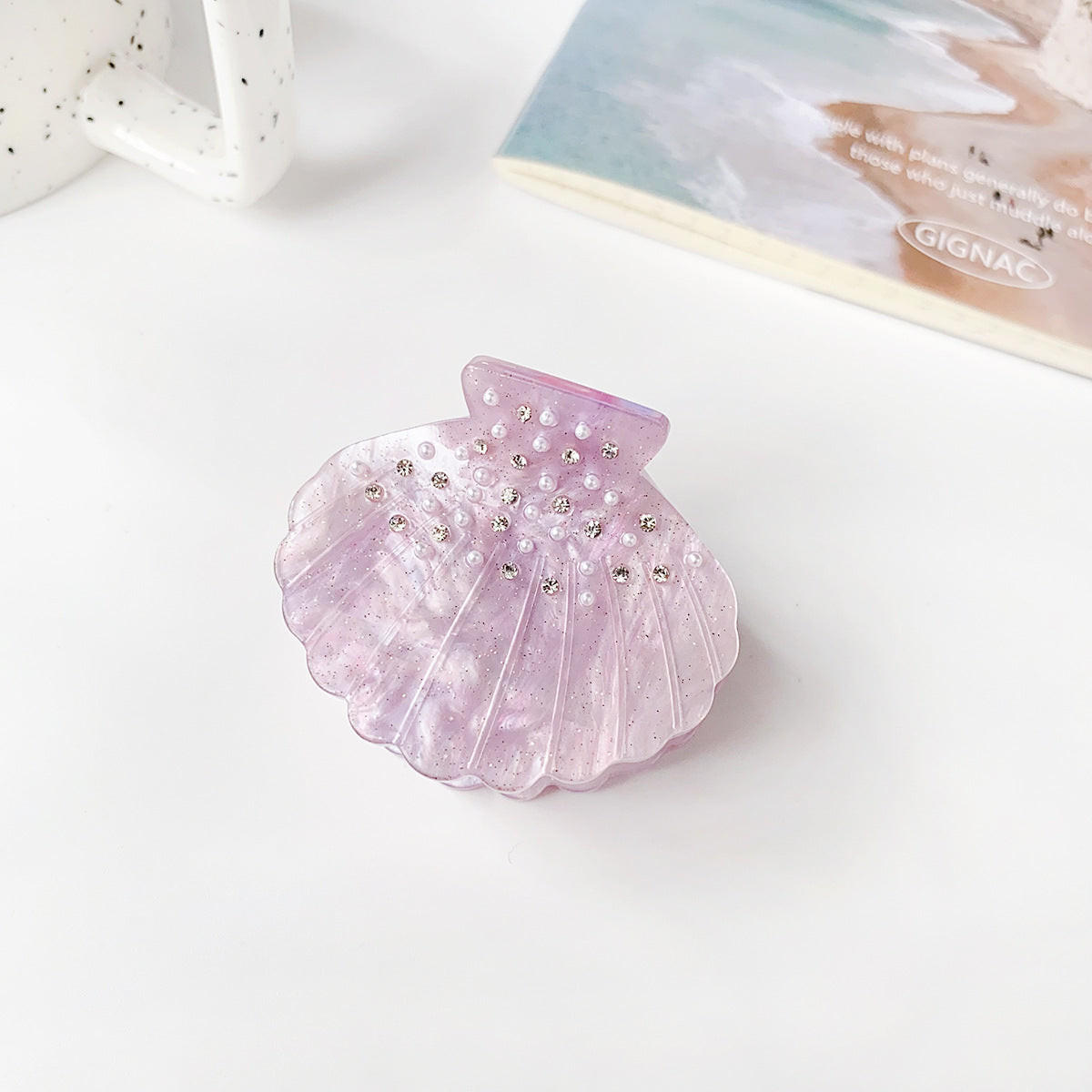 Rhinestone Seashell Mini Hair Claw Clip - Purple