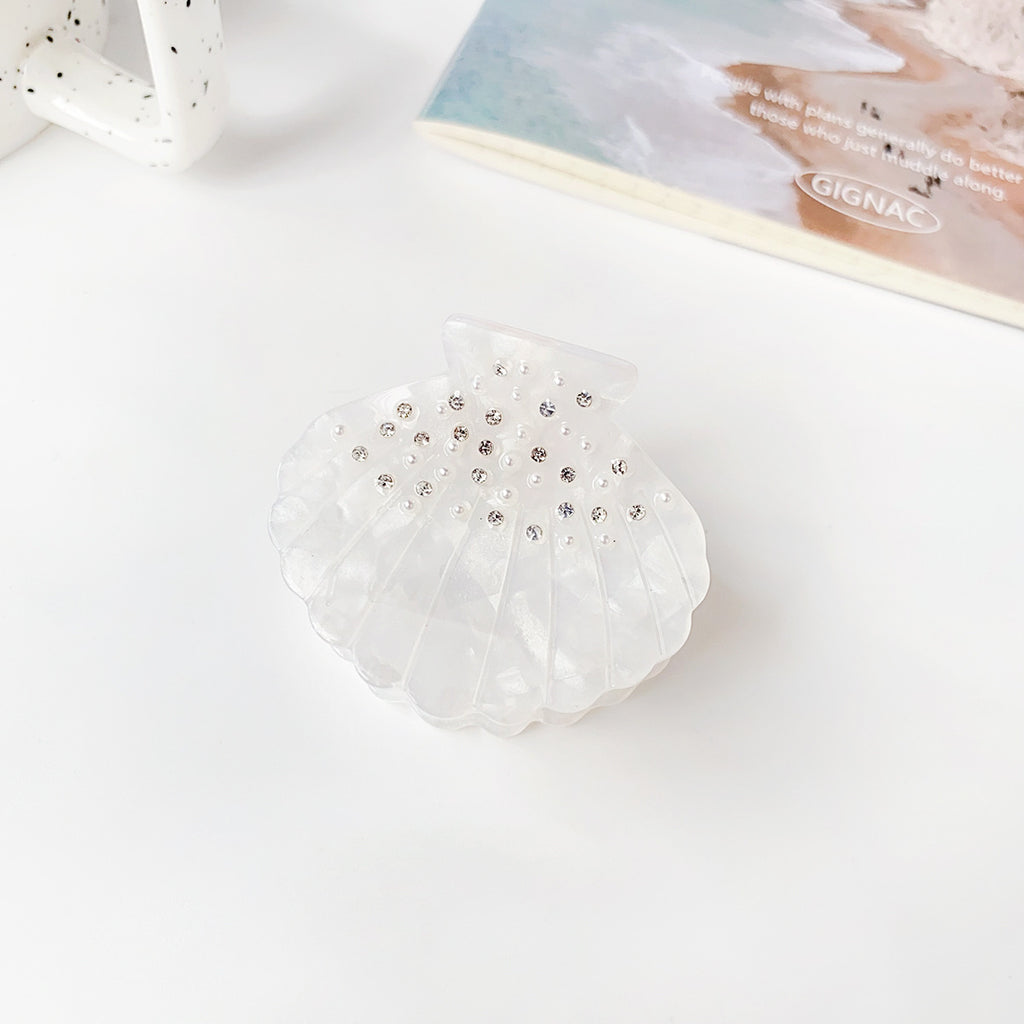 Rhinestone Seashell Mini Hair Claw Clip - White
