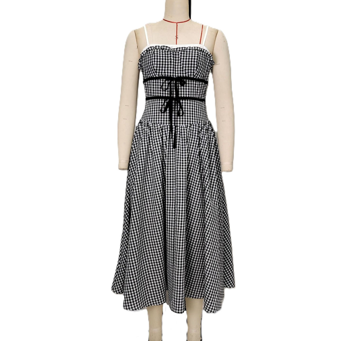 Gingham Bow Waist Midi Sundress - Black
