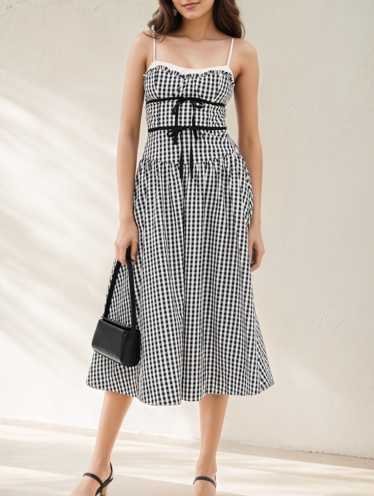 Gingham Bow Waist Midi Sundress - Black - 2