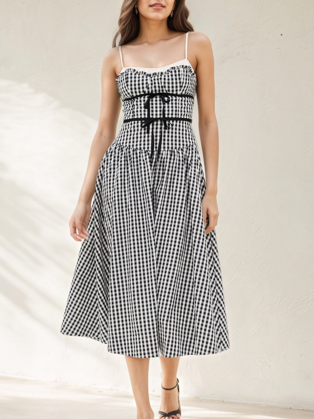 Gingham Bow Waist Midi Sundress - Black - 3