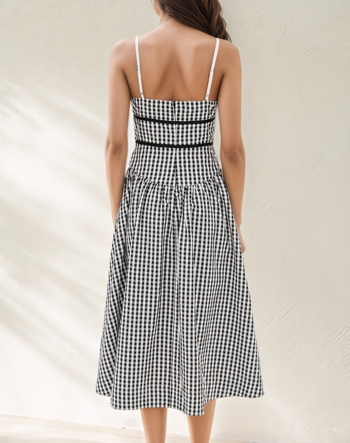 Gingham Bow Waist Midi Sundress - Black - 4