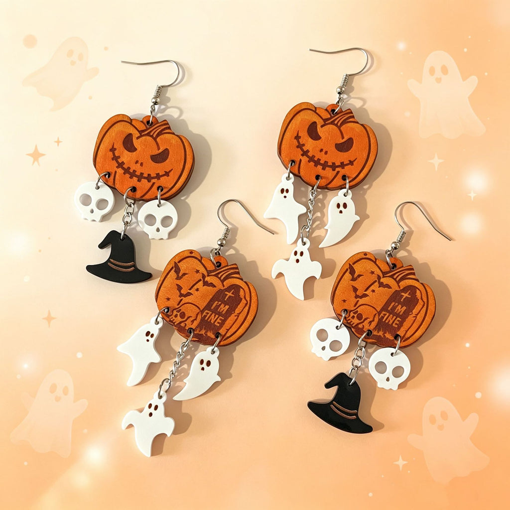 Halloween Pumpkin Ghost Charm Drop Earrings - Orange-2