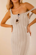Ribbed Knit Square Neck Midi Slip Dress - Apricot