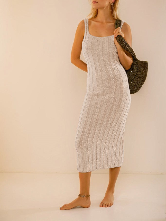 Ribbed Knit Square Neck Midi Slip Dress - Apricot - 1