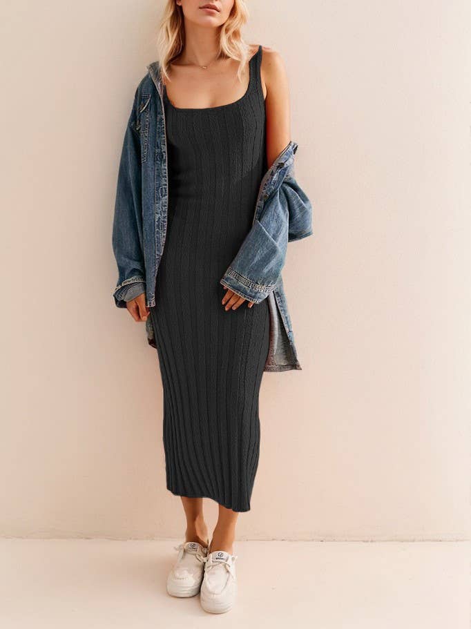 Ribbed Knit Square Neck Midi Slip Dress