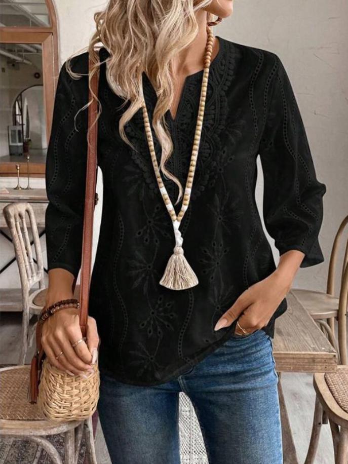 Eyelet Floral Notch Neck Three Quarter Tee - black