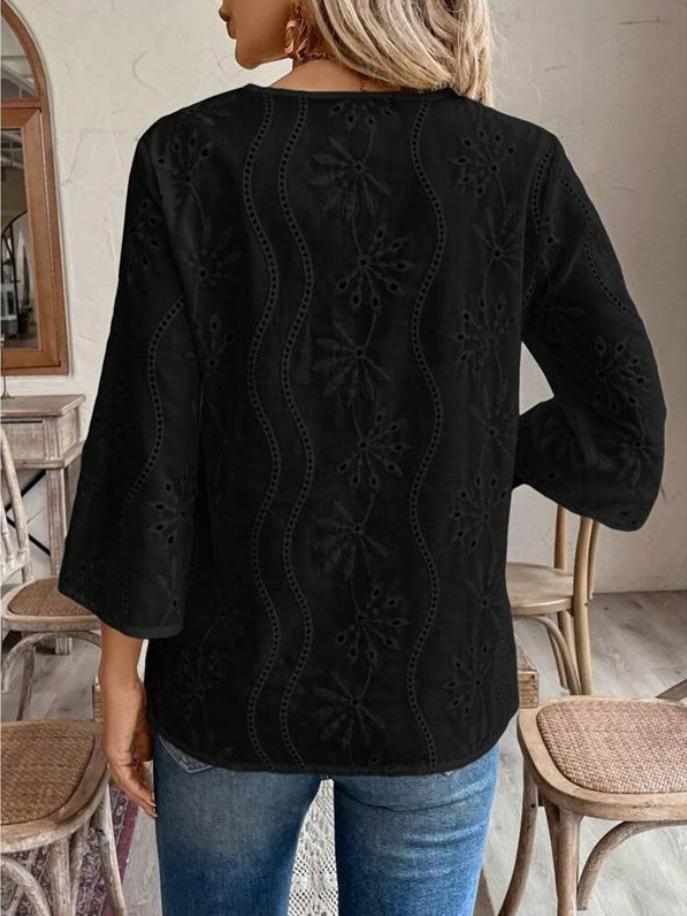 Eyelet Floral Notch Neck Three Quarter Tee - black - 1