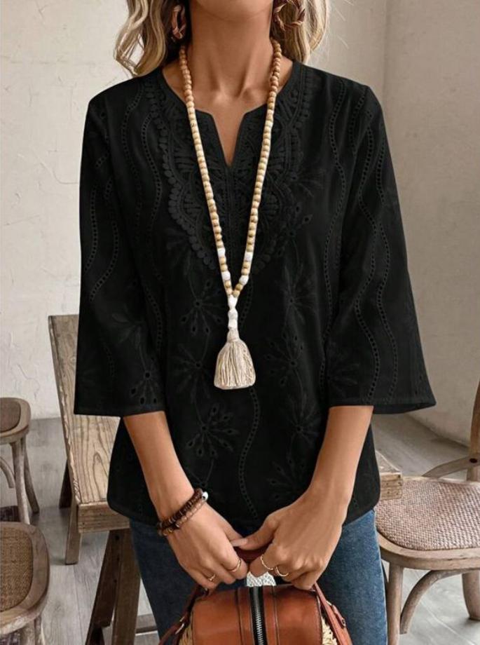 Eyelet Floral Notch Neck Three Quarter Tee - black - 2