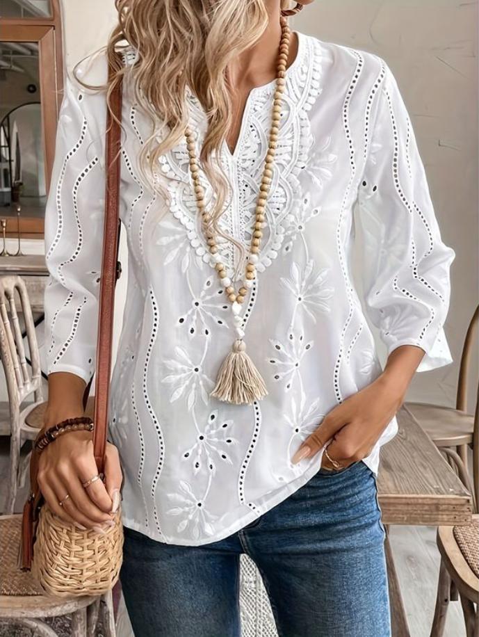 Eyelet Floral Notch Neck Three Quarter Tee - white