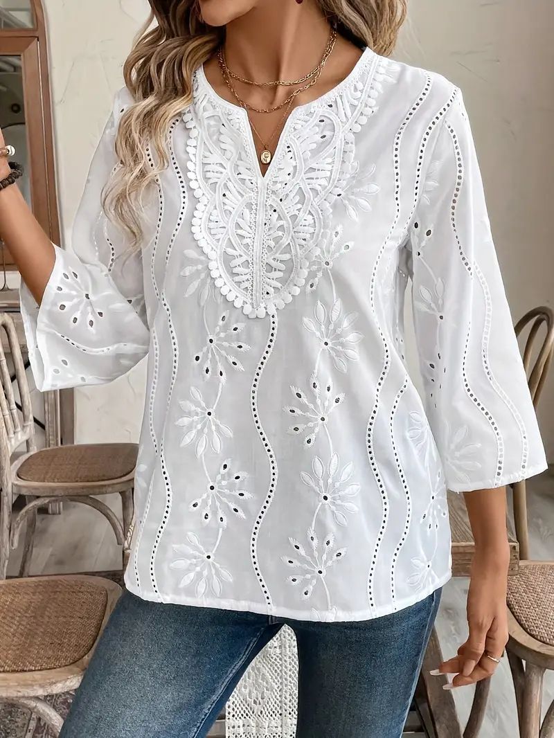 Eyelet Floral Notch Neck Three Quarter Tee - white - 2