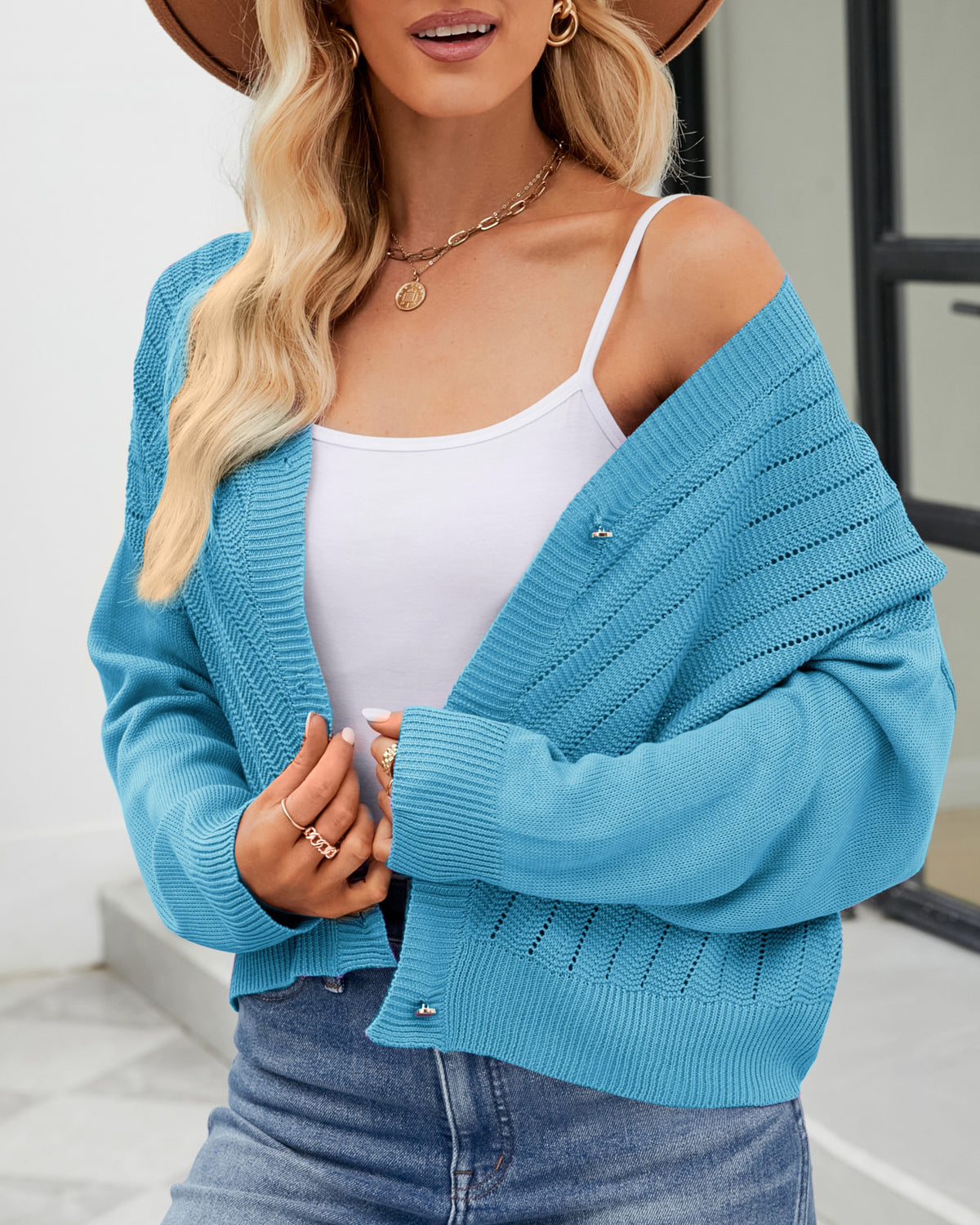 V Neck Button Front Ribbed Cardigan - Blue