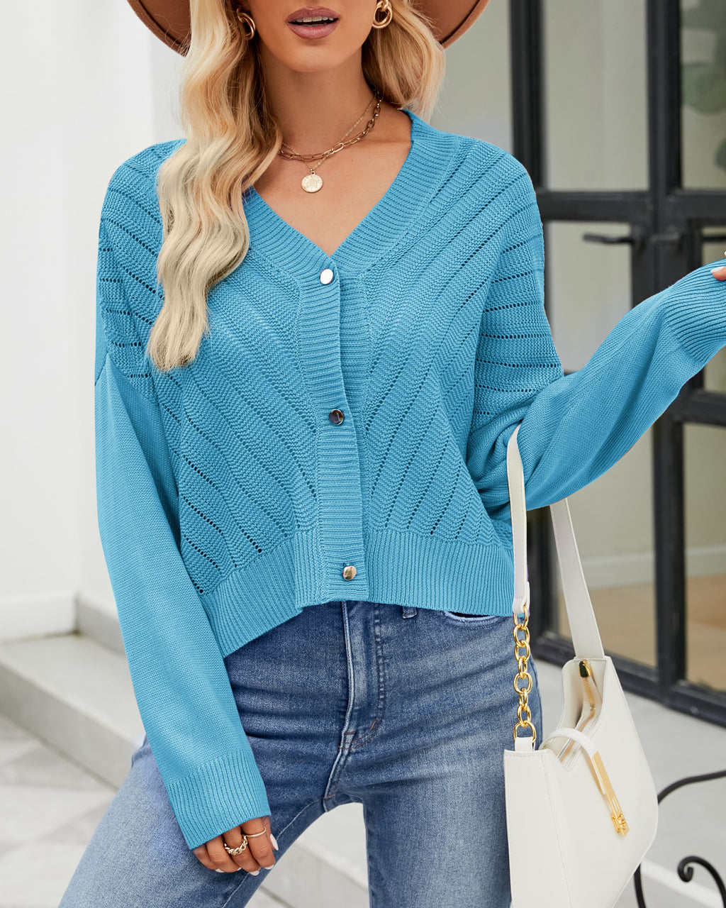 V Neck Button Front Ribbed Cardigan - Blue - 1