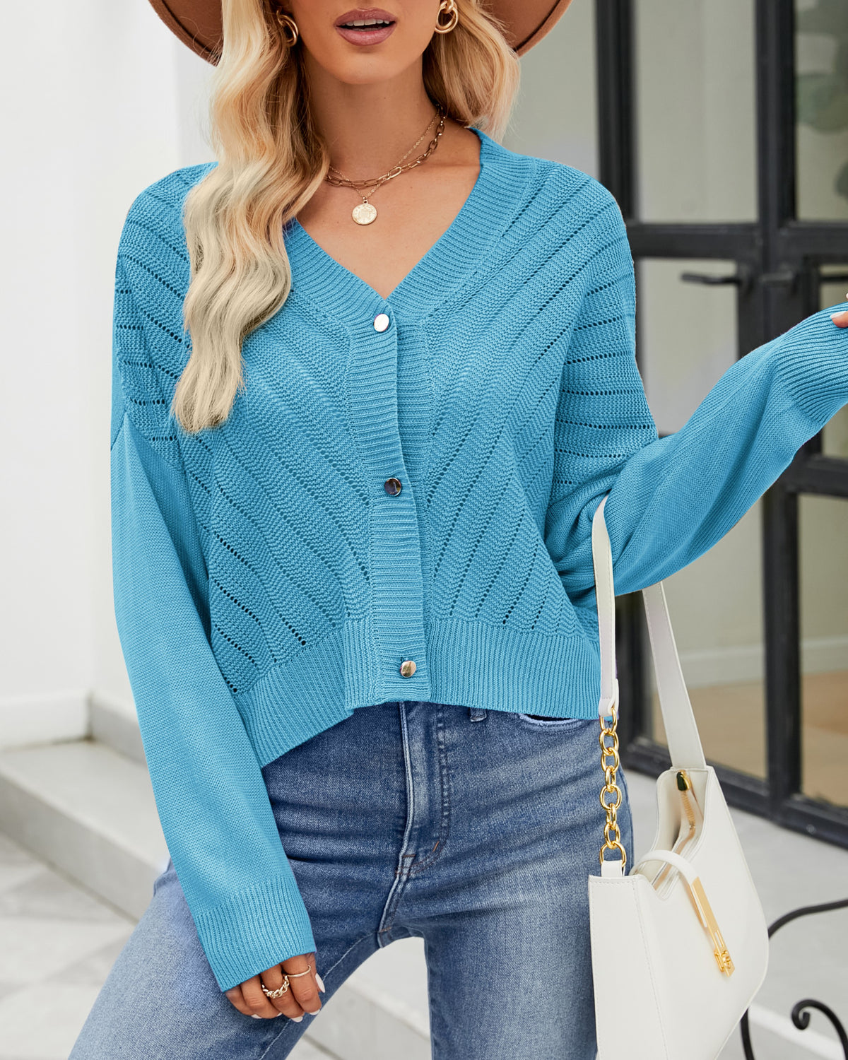 V Neck Button Front Ribbed Cardigan - Blue - 1