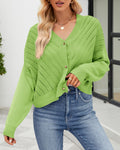 V Neck Button Front Ribbed Cardigan - Green