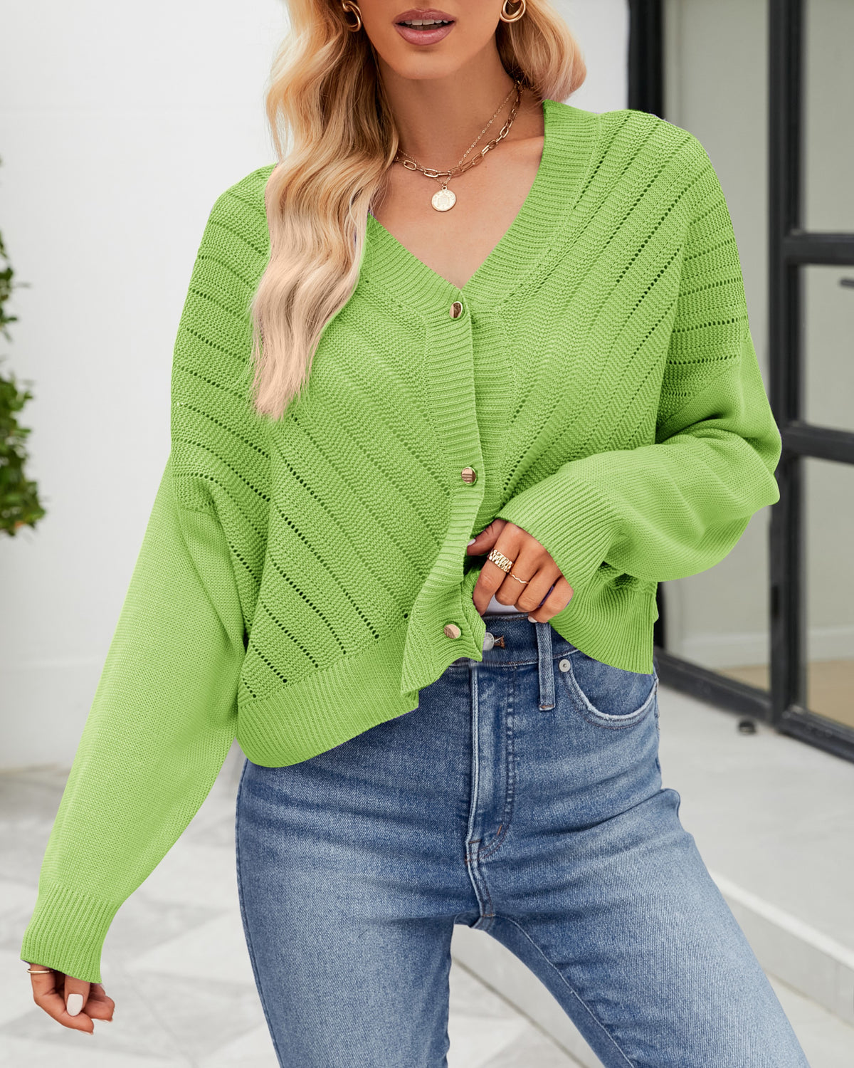 V Neck Button Front Ribbed Cardigan - Green