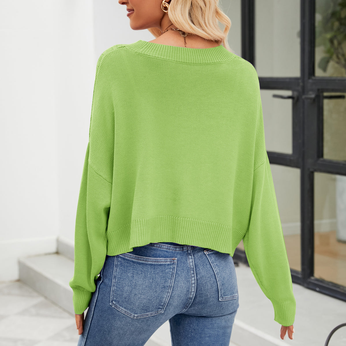 V Neck Button Front Ribbed Cardigan - Green - 2
