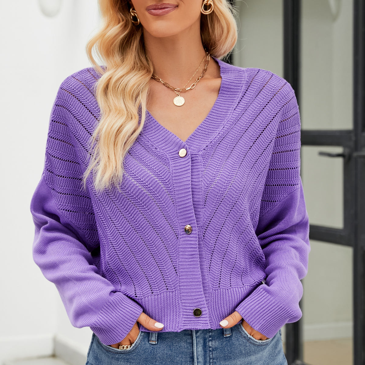 V Neck Button Front Ribbed Cardigan - Purple - 1