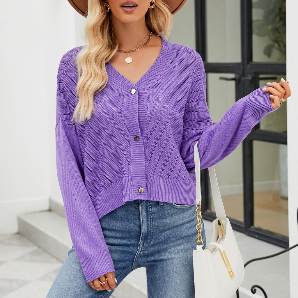 V Neck Button Front Ribbed Cardigan - Purple - 2