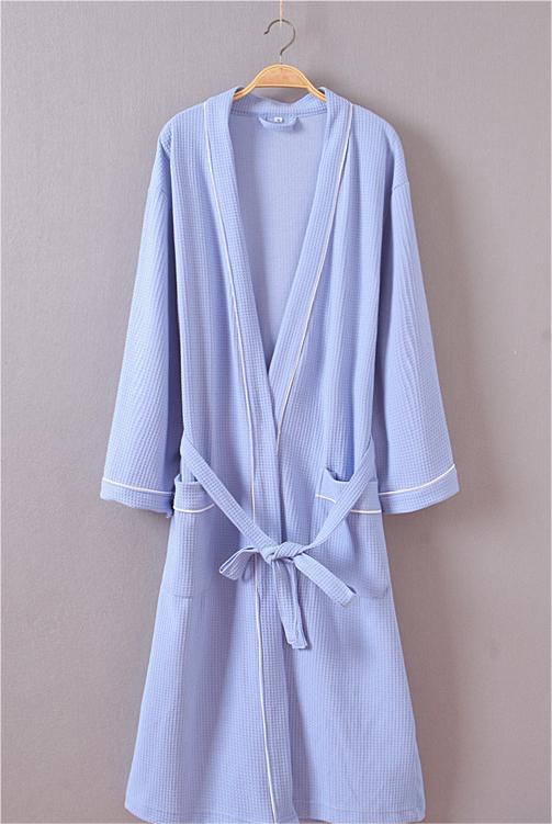 Piped Waffle Knit Wrap Robe - Blue - 1