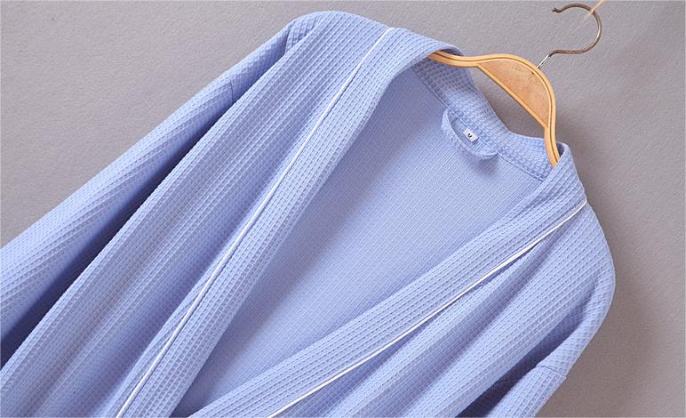 Piped Waffle Knit Wrap Robe - Blue - 2