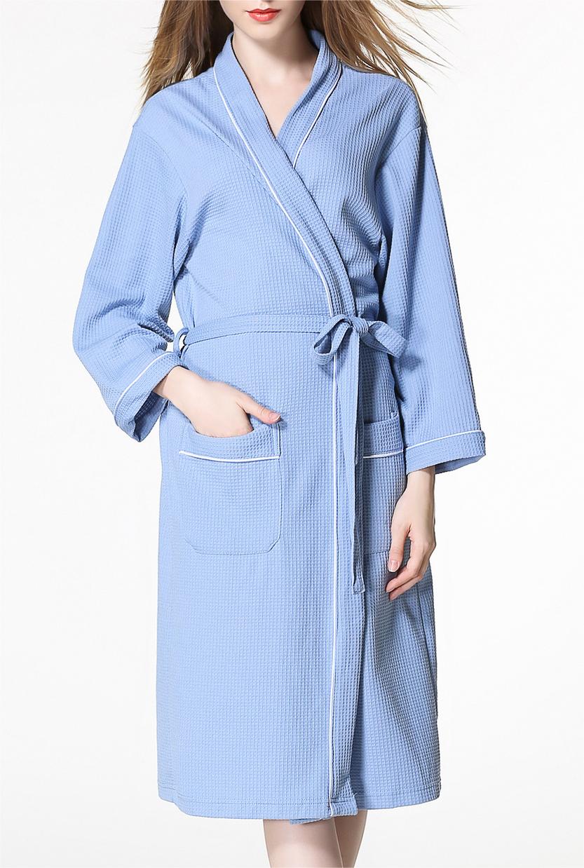 Piped Waffle Knit Wrap Robe - Blue - 4
